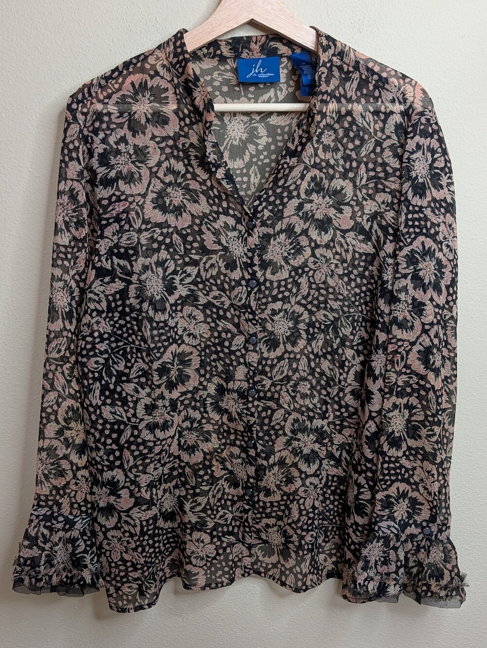 J.H. Collectibles Woman 1X Semi-Sheer Floral Blouse Black Pink Ruffle Hem
